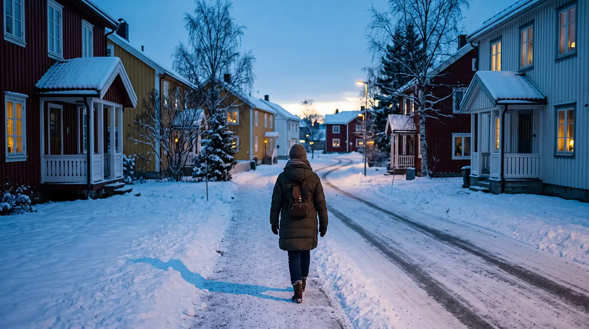 Calle nevada de un pueblo noruego durante las pocas horas de luz del invierno