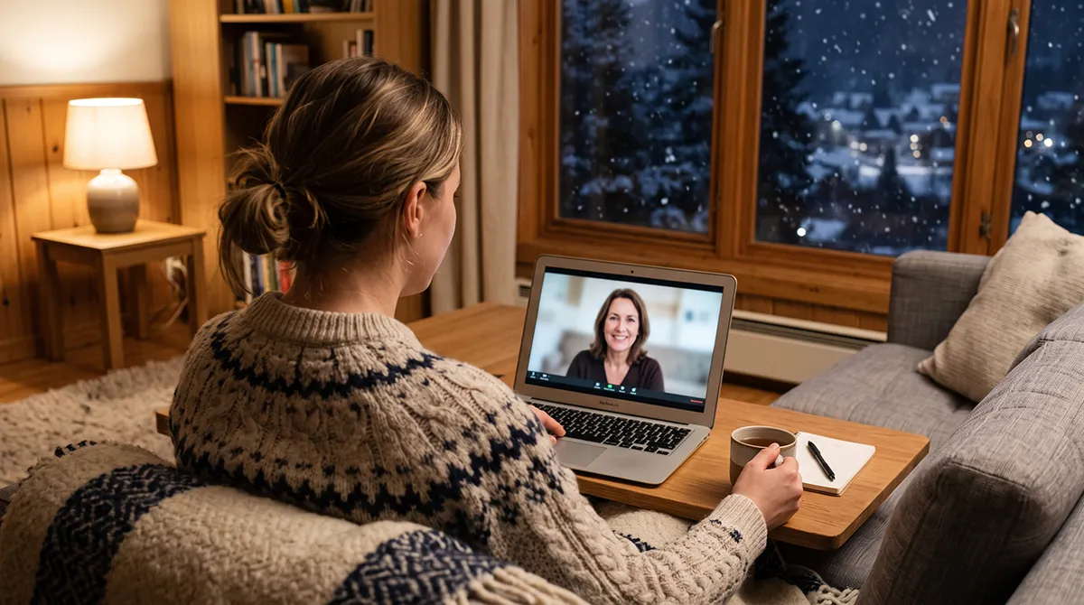 Sesión de terapia online en español desde una vivienda en Noruega